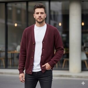 A-Frame Cardigan Mens M Cotton Chunky Knit Sweater Dark Academia Burgundy Medium